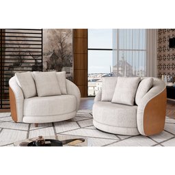 Poltrona Giratória 122cm Mercy Pu Caramelo | Linho Off White com Bege - Sallar Home - 2