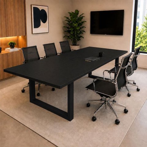 Mesa Reunião Industrial Escritório 2,00m x 90cm 100% MDF com Caixa de Tomadas Pés Metal F5 Office