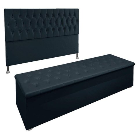 Kit Cabeceira e Calçadeira Baú Queen 1,60m Madrid Suede - Pallazio Cor Azul Marinho