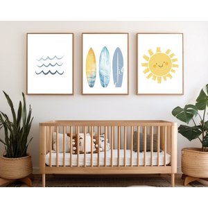 Kit 3 Quadros Menino Surfista Sol Ondas Prancha Praia Quarto Infantil Bebê