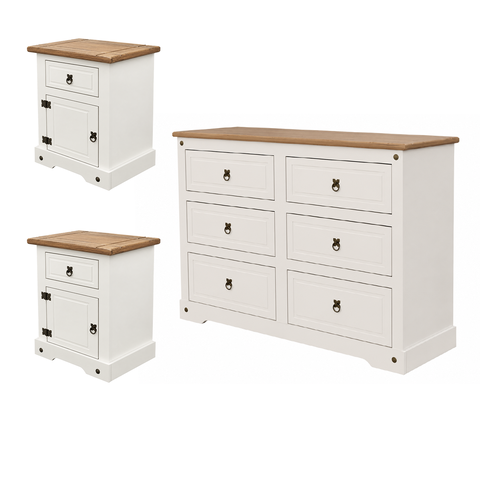 Conjunto 2 Mesa de Cabeceira Corona Mexicana + Cômoda 6 Gavetas Creme/Carvalho