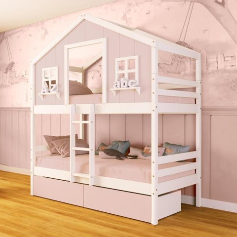 Beliche Casinha Dos Sonhos com 02 Gavetas Rosa Madeira Maciça Rosa/ Branco Megamobilia