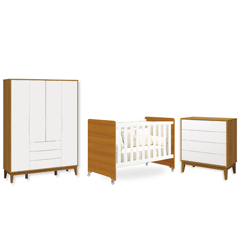 Quarto de Bebê Berço Evolution + Guarda Roupa 4P + Cômoda 4g Elfe Branco Savana