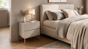 Ver imagem 1 de Mesa Cabeceira Off White para Cama Casal Pés Metal Cobre Eros 45cm 2 Gavetas Puxador Cava Luxo