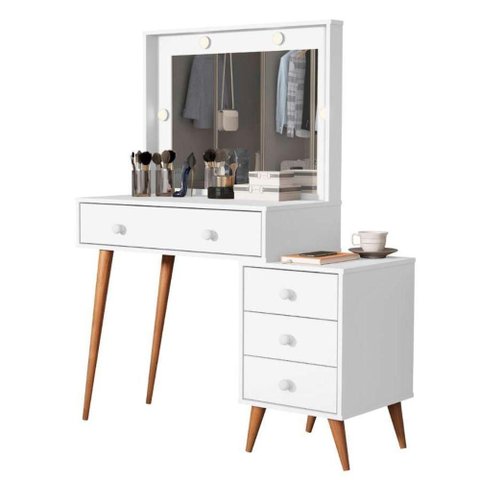 Penteadeira Camarim com Mesa de Cabeceira Espelho Led 4 Gavetas Pés em Madeira Branco