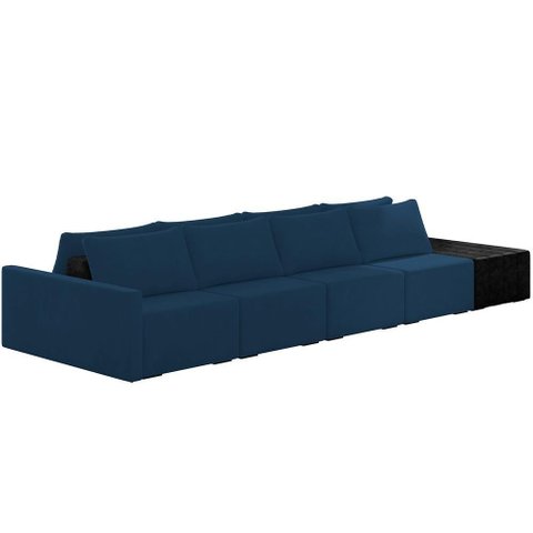 Sofá Ilha Modular para Sala 432cm com Puff Dublin K01 Veludo Azul Marinho e Sintético Preto - Lyam