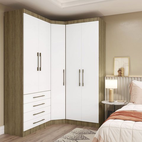 Guarda Roupas Modulado de Canto Diagonal 3 Peças com 5 Portas e 4 Gavetas Paris Luciane Móveis