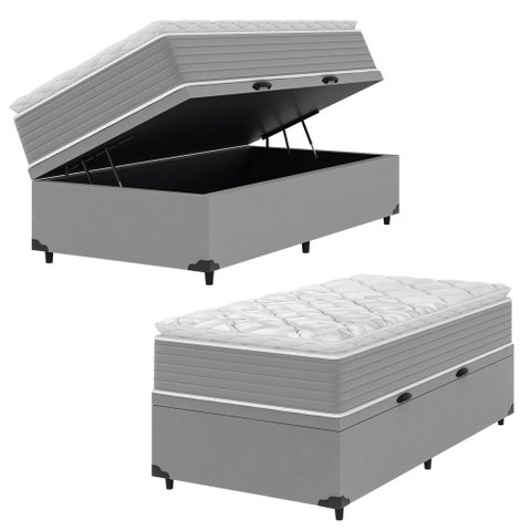 Cama Box Baú Solteiro Molas Ensacadas Pillow Top 88x188x66cm Martino Cinza Umaflex