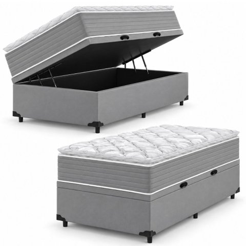Cama Box Baú Solteiro Molas Ensacadas Pillow Top 88x188x66cm Martino Cinza Umaflex