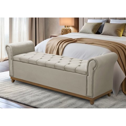 Baú Recamier Cama Box Quarto Madeira Estofado Grécia Casal:bege