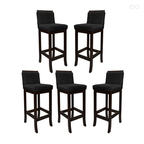 Kit 5 Banquetas Alta para Balcão de Cozinha Nice Madeira Maciça Matelassê Suede Preto Ccs