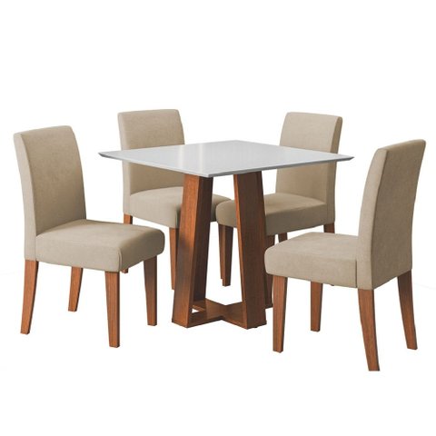 Conjunto Sala de Jantar Mesa Athenas Quadrada 0,90m 4 Cadeiras Trieste Madeirado/Bege Dobuê
