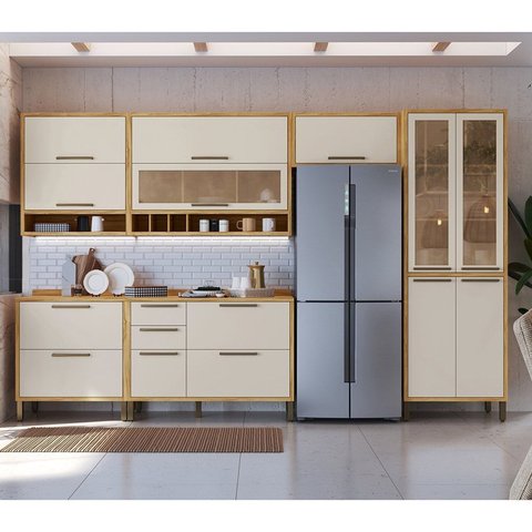 Cozinha Completa Modulada 100% MDF 6 Peças 12 Portas 4 Gavetas e Vidro 354cm Vicenza Espresso Móveis Bege/Amêndoa/Off-White
