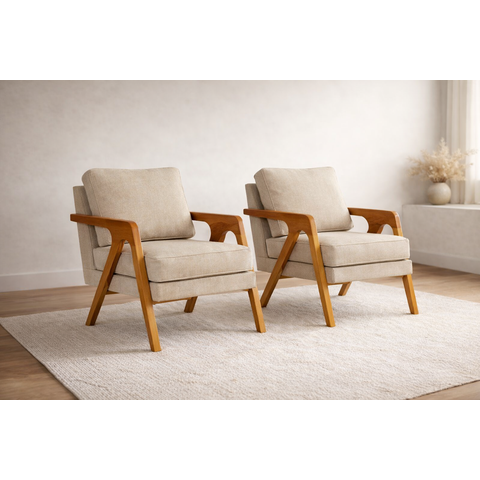 Kit 2 Poltronas Mona Luxo Madeira Maciça Linho Bege para Sala de Estar Decorativa Moderna