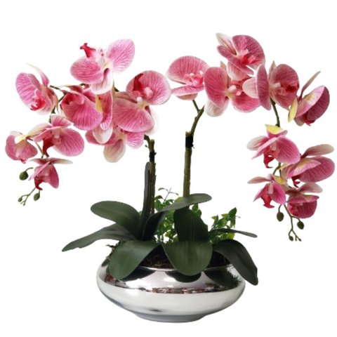 Arranjo 2 Orquídeas Rosa 3d Artificiais Flores Vaso Prata