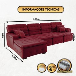 Sofá Orlando 3.45x1.50m com Chaise, Retrátil e Reclinável - Vinho - 5