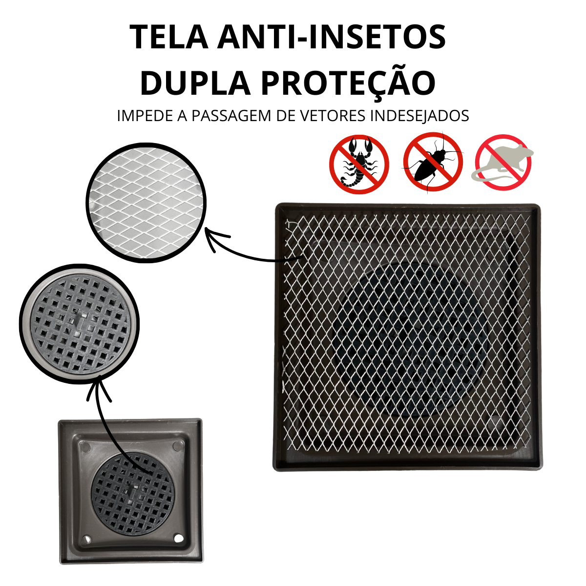 Ralo Aluminio Modelo 15x15 Reta com Dupla Tela e Coletor Marrom Saída Adapt de 40mm até 100mm - 5
