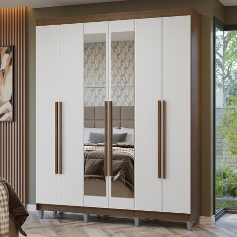 Guarda-Roupa Casal com Pés 6 Portas Batentes com Espelho Netuno Madesa