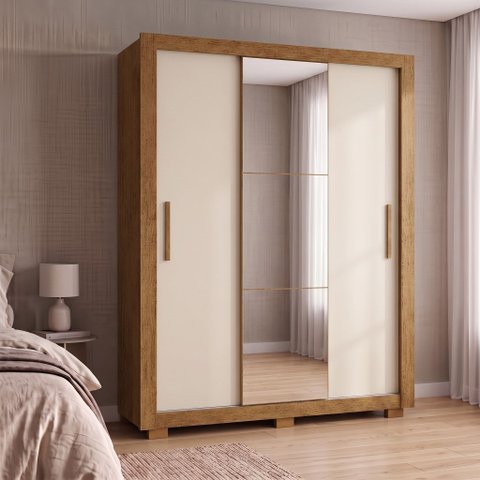 Guarda-Roupa Solteiro 3 Portas, 2 Gavetas, Pés e Espelho Apollo Cinamomo/Off White