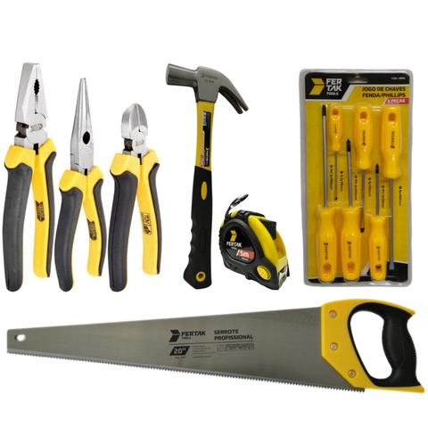 Kit Jogo 12 Ferramentas-3 Alicates+1 Serrote 20"+1 Martelo 27mm+1 Trena 5m+3 Chaves Fenda+3 Philips