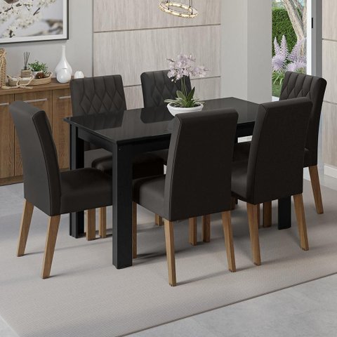 Conjunto Sala de Jantar Mesa Tampo de Vidro 6 Cadeiras Odara Madesa