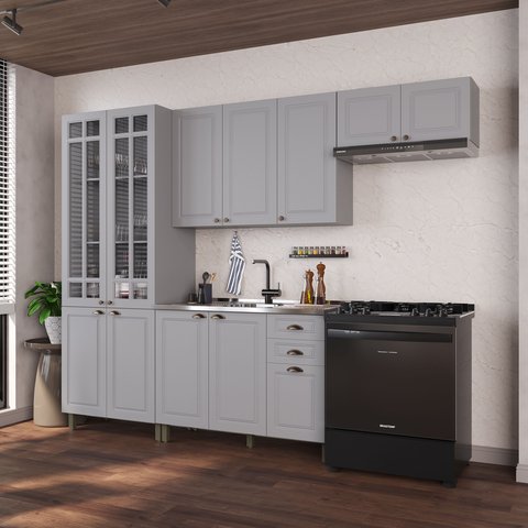 Cozinha Modulada 4 Peças Cristaleira Balcão sem Tampo 2 Aéreos 100% MDF Bari Cinza/Titânio Fosco