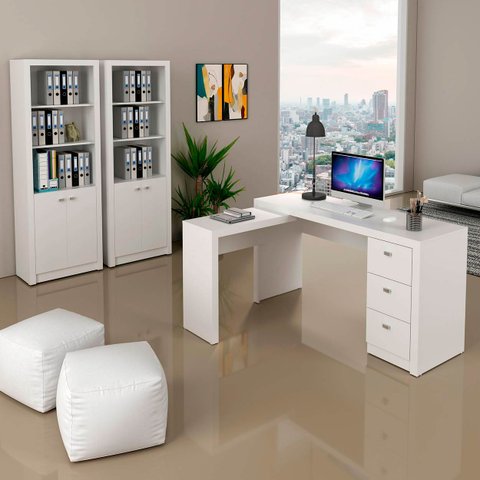 Kit Escritório Com Mesa em L 3 Gavetas e 2 Armários 171 cm Cor: Branco