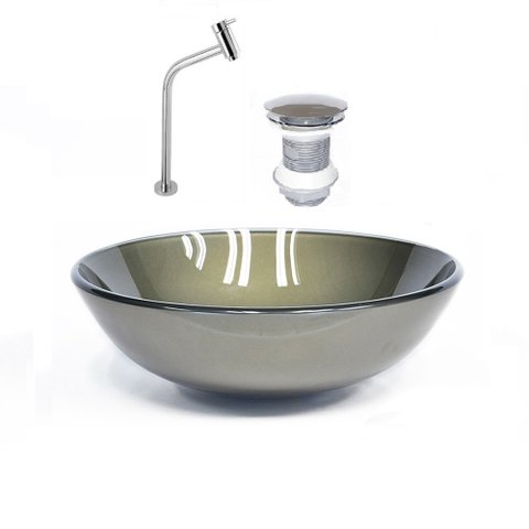 CUBA DE VIDRO REDONDA 42CM OURO ENVELHECIDO + VALVULA + TORNEIRA CROMADA