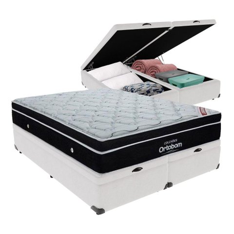 Cama + Box com Bau Ortobom Colchão King com Molas Ensacadas Cor:branco