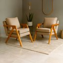 Ver imagem 1 de Kit 2 Poltrona Sala Decorativa Stella Estofada Veludo Bege Base Madeira Castanho - Arkell