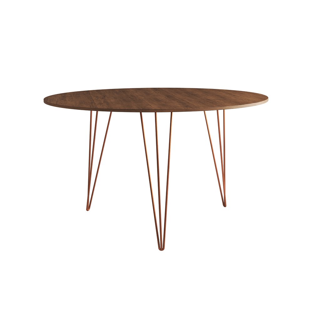 Mesa Jantar Redonda 110cm Amêndoa Clips 3 Pés com 5 Poltronas Eames Eiffel Pretas Base Cobre - 3