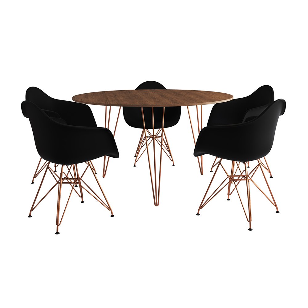 Mesa Jantar Redonda 110cm Amêndoa Clips 3 Pés com 5 Poltronas Eames Eiffel Pretas Base Cobre - 2