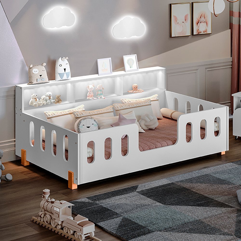 Cama Infantil Montessoriana Led Nina com Nicho Branca + Luminária Led