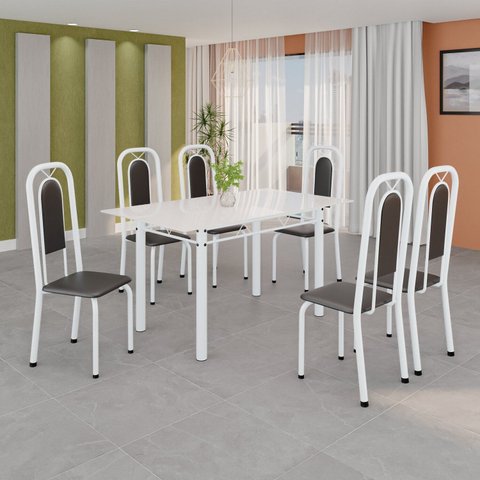 Conjunto de Mesa Tubular com 6 Cadeiras Lara Branco/Preto