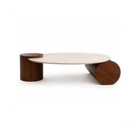 Mesa de Centro Orbita Redondo Mármore Travertino Madeira 110cm Café Modelar Art Moveis