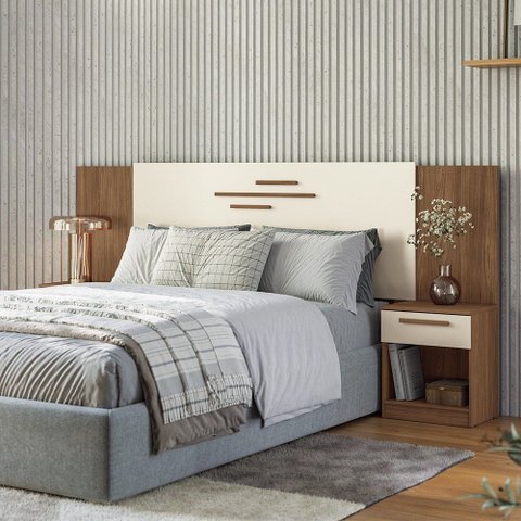 Cabeceira para Cama Queen Extensivel Loanda com Mesa de Cabeceira Gaveta Jatoba Areia Santos Andirá