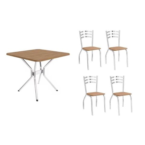 Conjunto: Mesa Sala Jantar Loire c/ Tampo de Madeira 90cm + 4 Cadeiras Portugal Cromada/Capuccino