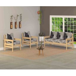 Sofá 3 Lugares e 2 Poltronas Madeira Maciça com Almofadas Natural - 1 Sofá 3 Lugares e 2 Poltronas Madeira Maciça com Almofadas Natural - 1