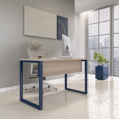 Escrivaninha Mesa Escritório X 150cm Industrial Castanheira e Azul Delrei Cinza
