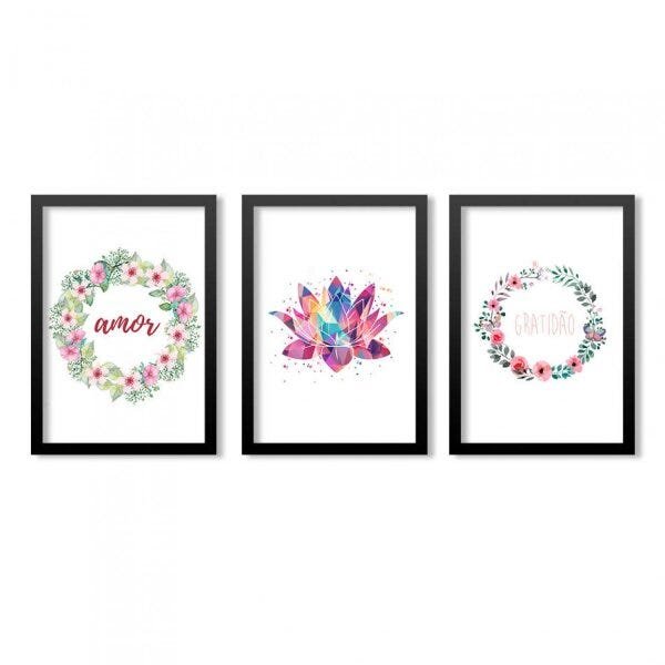 Conjunto 3 Quadros Decorativos Amor Flor de Lotus e Gratidão Los Quadros - 1