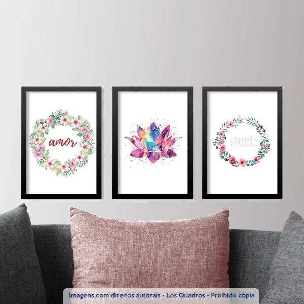 Conjunto 3 Quadros Decorativos Amor Flor de Lotus e Gratidão Los Quadros - 2