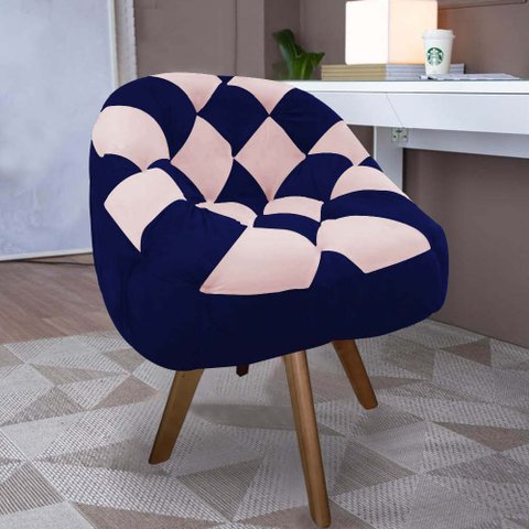 Poltrona Paloma Escritório Sala Giratória Madeira Suede Azul Marinho e Suede Rosa Bebê - Dominic Dec