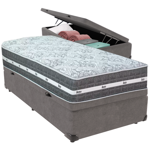 Cama Box Baú Cinza e Colchão Black Graphite Molas Ensacadas Solteiro 88x188x27 Anjos