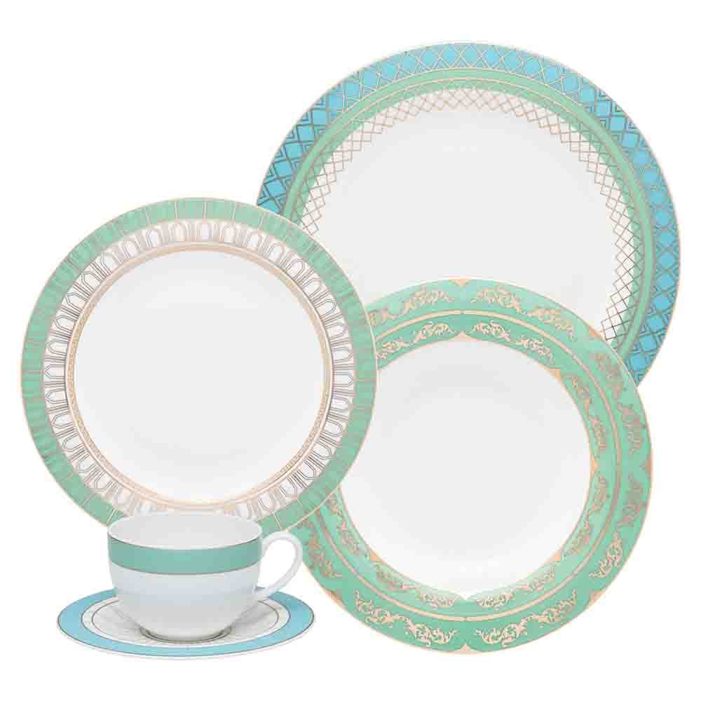 Jogo de Jantar 30 Peças Bone Porcelain Azul e Verde Marie Strauss