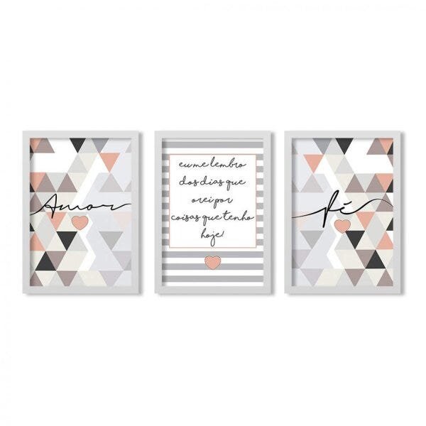 Conjunto 3 Quadros Decorativos Amor e Fé Fundo Abstrato Los Quadros - 1
