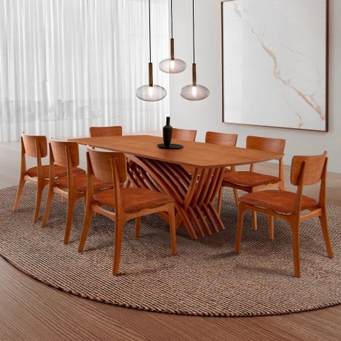 Conjunto Sala de Jantar Mesa Venus Tampo 220cm Laqueado sem Vidro e 8 Cadeiras Viena Gold