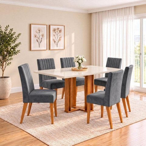 Conjunto Sala de Jantar Mesa Manu 160cm Tampo MDF Canto Reto 6 Cadeiras Lily