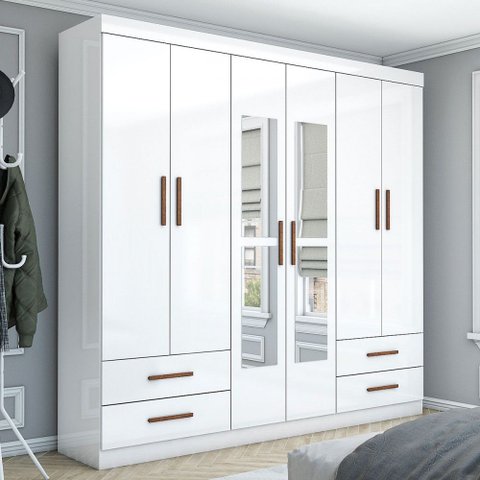 Guarda-roupa Casal Genova 6 Portas 4 Gavetas com Espelho Branco - Carioca Móveis