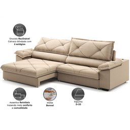 Sofá com Carregador Usb e Molas no Assento Retrátil Reclinável Nice 2,90m Linho Soft- Netsofas - - 2