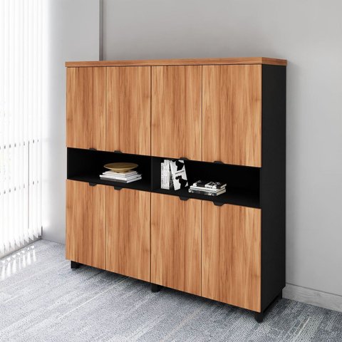 Armário Estante para Escritório com 8 Portas de Abrir e 2 Nichos F5 Office Marrom/Nogal com Preto